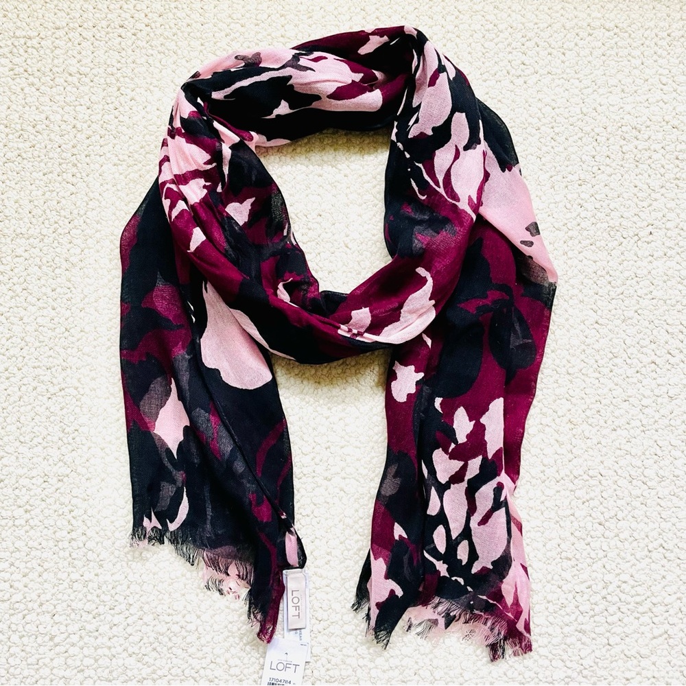 🌸 LOFT | Floral Print Scarf | Maroon, Pink & Black | 70” x 20”